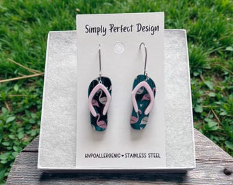 Flamingo Flip Flop Dangle Earrings, Teal Tropical Beach Jewelry, Hypoallergenic Stainless Steel