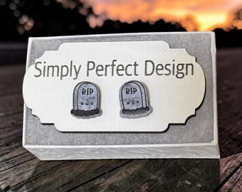 Handmade Acrylic Tombstone Stud Earrings, Goth Halloween Jewelry, Hypoallergenic