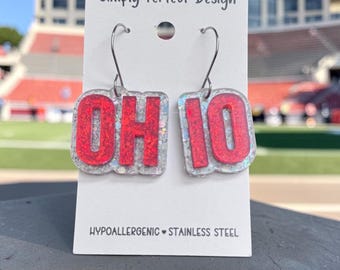 Handmade OH IO Glitter Dangle Earrings, Hypoallergenic Game Day Jewelry