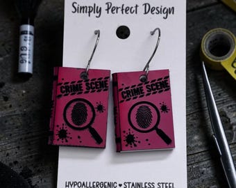 Handmade Pink Leather Crime Scene Book Earrings, Mystery Lover Jewelry