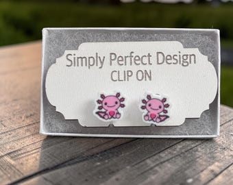 Axolotl Clip On Earrings, Hypoallergenic Clip Ons for Non Pierced Ears, Kawaii Pink Axolotl Jewelry, Painless No Piercing Gift for Her