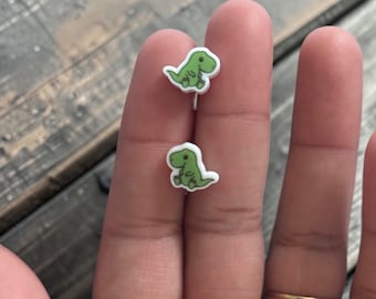 Green T-Rex Acrylic Clip-On Earrings – Hypoallergenic, Lightweight Dinosaur Jewelry