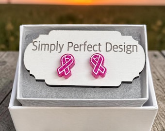 Hot Pink Glitter Ribbon Stud Earrings, Hypoallergenic Stainless Steel, Awareness Support Jewelry