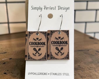 Engraved Leather Cookbook Earrings, Baker Chef Gift, Book Lover Jewelry, Hypoallergenic Stainless Steel