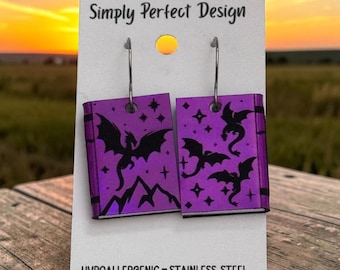 Mismatched Dragon Book Earrings, Iridescent Leather Fantasy Reader Gift
