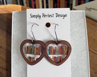 Heart Bookshelf Dangle Earrings, Wood Acrylic Book Lover Jewelry, Hypoallergenic Stainless Steel