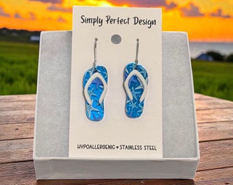 Starfish Flip Flop Earrings, Blue Beach Vacation Jewelry, Hypoallergenic Stainless Steel