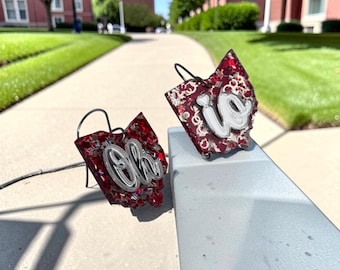 Handmade Ohio State Dangle Earrings, Red Silver Glitter Script, Hypoallergenic Game Day Jewelry