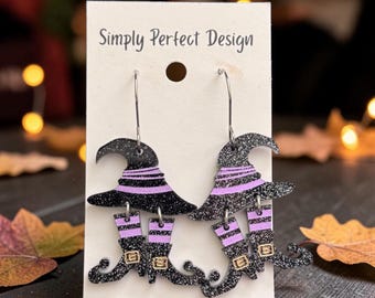Mismatched Witch Hat & Boot Dangle Earrings, Glitter Acrylic, Hypoallergenic Halloween Jewelry