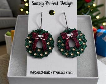Handmade Glitter Acrylic Wreath Earrings, Gold Ornaments, Red Bow, Hypoallergenic Christmas Jewelry