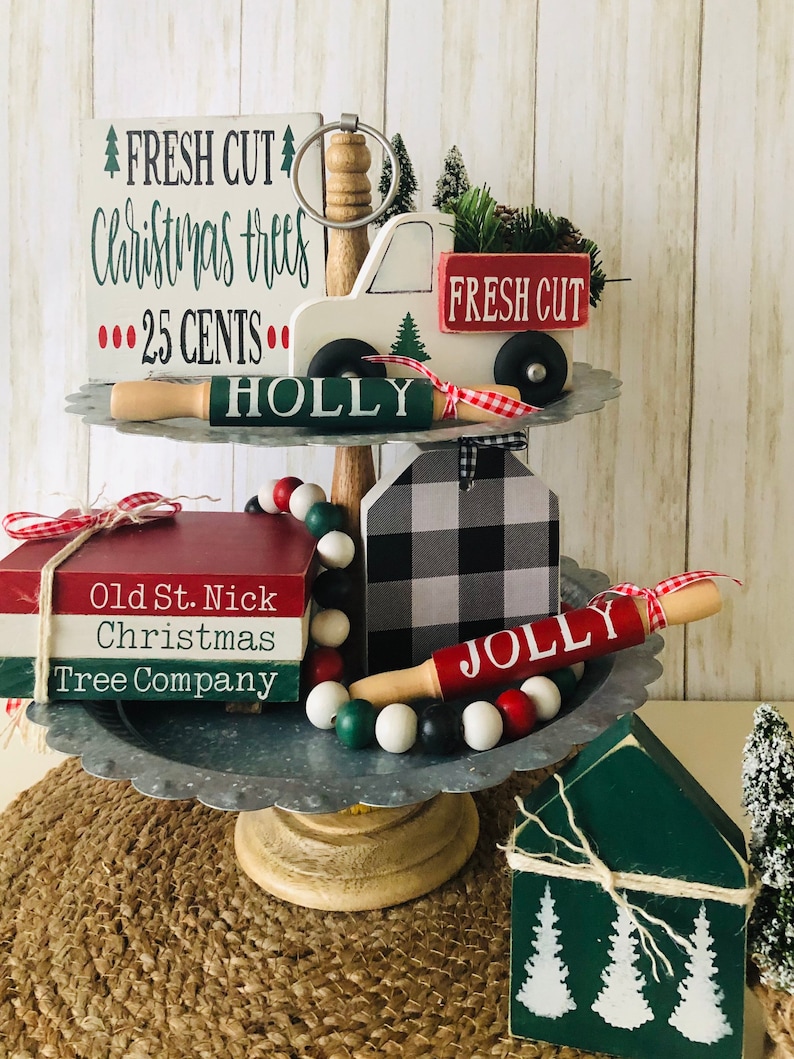 Fresh Cut Christmas Trees tiered tray decor bundle tiered | Etsy