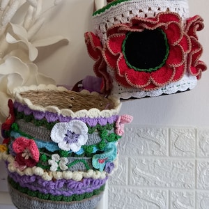 Crochet Decorative Baskets, set with 2 hanging baskets,Crochet cover and basket with flowers.Floral storage basket crocheted .Paperbasket.