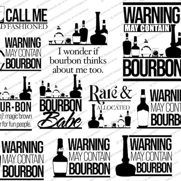 SVG "May Contain Bourbon" Bundle - 11 Designs, Old Fashioned, Warning, Rare & Allocated, Bourbon Babe