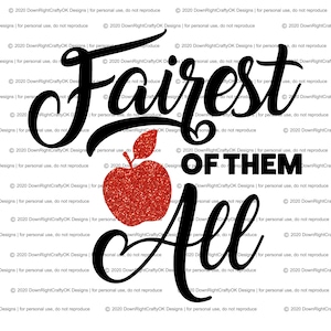 Könnte beinhalten: Schwarzes und rotes Grafikdesign mit dem Text "Fairest of them all" und einem roten Glitzerapfel mit grünem Stiel und Blatt.