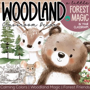 Pode incluir: Um gráfico digital com ilustrações em aguarela de um veado, um urso e um rato num ambiente florestal. O texto diz WOODLAND Classroom Decor, a little FOREST MAGIC IN YOUR CLASSROOM e Calming Colors | Woodland Magic | Forest Friends.