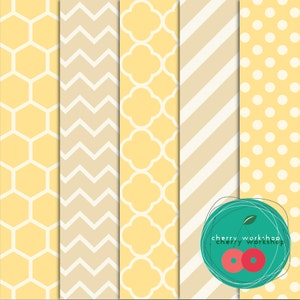 May include: A collection of six patterned papers in shades of yellow and cream. The patterns include honeycomb, chevron, quatrefoil, diagonal stripes, and polka dots. The Cherry Workshop logo is in the bottom right corner.