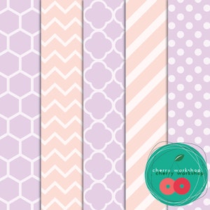 May include: A collection of six patterned papers in pastel colors. Designs include honeycomb, zigzags, quatrefoil, diagonal stripes, and polka dots. The color palette features shades of lavender, peach, and white. The image includes the text "cherry workshop".