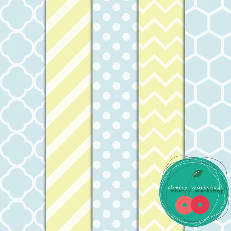 May include: A collection of six patterned papers in pastel colors. The patterns include quatrefoil, stripes, polka dots, chevron, and honeycomb designs. The color palette features light blue and yellow with white accents. The image includes the text "cherry workshop".