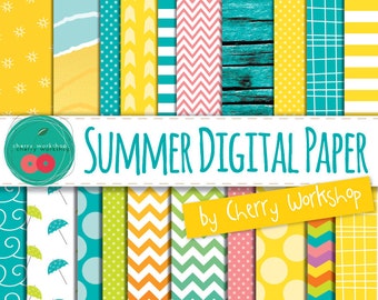 Summer Digital Paper "Summer Digital Paper"- beach sea sun blue yellow chevron wood stripes polka dots patterns for scrapbook, invites