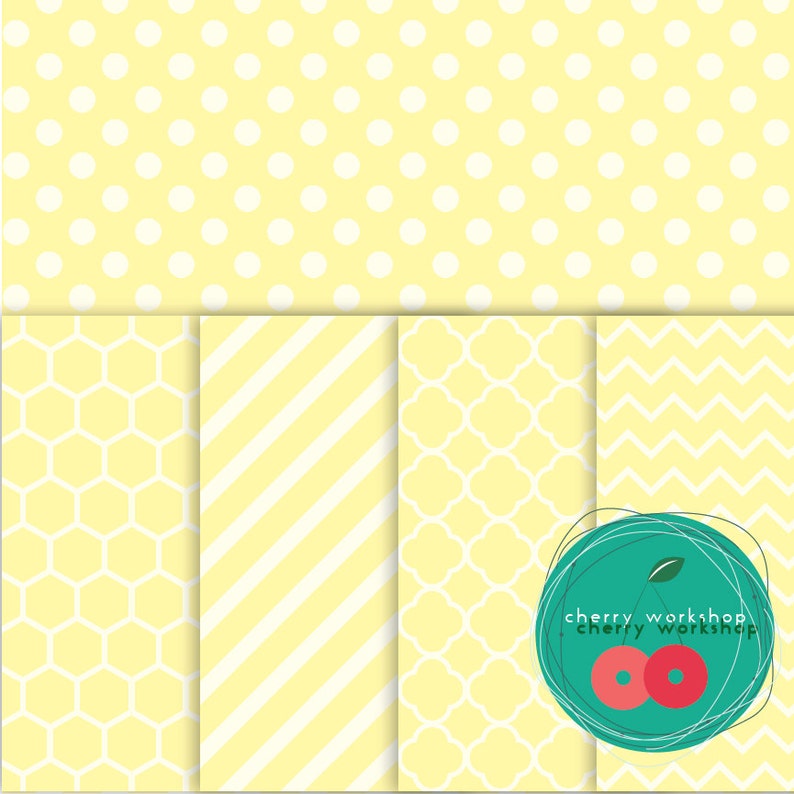 May include: A collection of yellow and white patterned digital papers. The patterns include polka dots, honeycomb, diagonal stripes, quatrefoil, and a zigzag design. The image also includes a logo with the text "cherry workshop".
