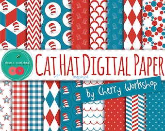 Cat in the Hat Inspired Digital Paper Set digital paper, printable paper for scrapbook, cards, invites, INSTANT DOWNLOAD