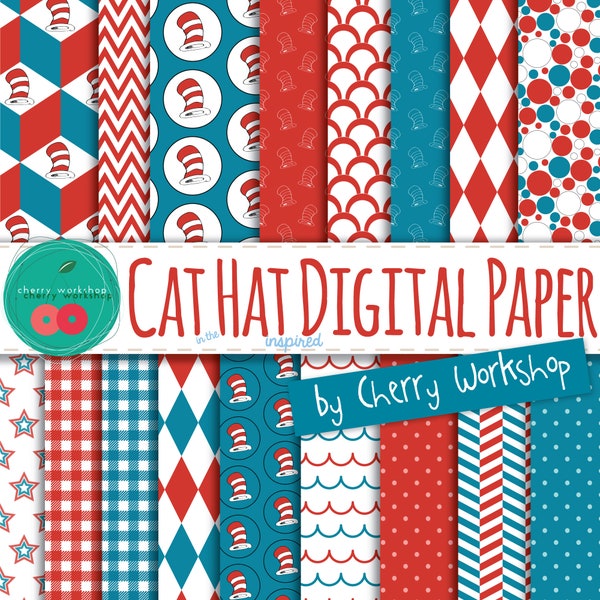 Cat in the Hat Inspired Digital Paper Set digital paper, printable paper for scrapbook, cards, invites, INSTANT DOWNLOAD