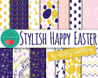 Digital Paper Easter "Stylish Happy Easter" Spring, eggs, rabbits flowers printable  Easter scrapbook paper INSTANT DOWNLOAD