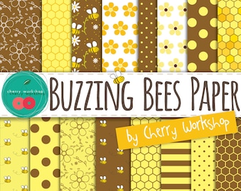 Bee Digital Paper {Buzzing Bees} bees, honeycombs, flower patterns, polka dots, in yellow and brown for cards, invites {Commercial Use}