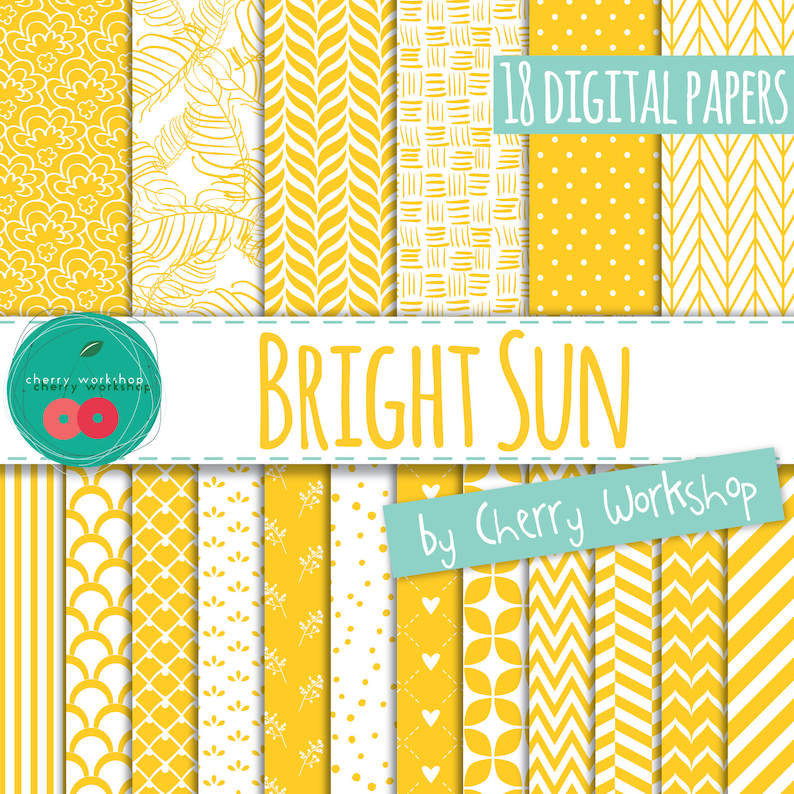 Gult digitalt papper "Bright Sun" digitalt pappersset sommarmönster, utskrivbart, kommersiellt bruk, digital scrapbooking, sommar, sol, gul bild 1