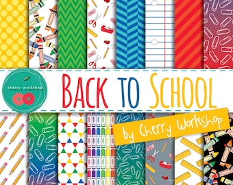 Back to School Digital Paper Set - school patterns in primary colors, pencils, crayons, clips digital paper