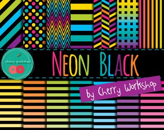 Neon Digital Paper Pack with Black background - Peon Patterns digital paper set for scrapbook, stationary, card making, printable paper