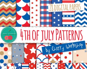 4th of July Digital Paper - Patriotic Patterns Digital Paper for scrapbook, invites, party decor, printable paper, stars, stripes, chevron