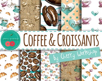 Coffee Digital Paper "Coffee and Croissant"  watercolor backgrounds patterns - printable paper