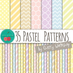 May include: A collection of 35 pastel patterns in various designs, including polka dots, stripes, and geometric shapes. The patterns are in soft colors like yellow, pink, and blue. The text "35 Pastel Patterns by Cherry Workshop" is displayed.