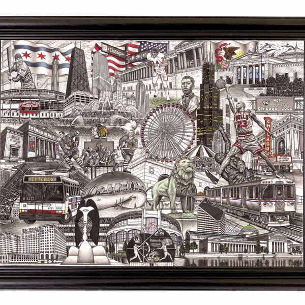 28 x 22 in. Chicago sports drawing (print) with black frame, direct from artist