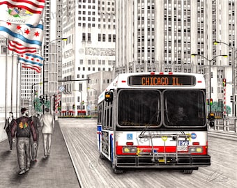 May include: A black and white drawing of a Chicago Transit Authority bus with the destination sign reading "CHICAGO IL." The bus is driving down a street with tall buildings on either side. There are people walking on the sidewalk in the foreground.