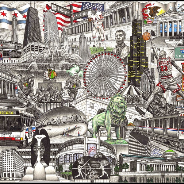 Drawing dedicated to Chicago landmarks and sports. includes Walter Payton, Ernie Banks, Whitesox stadium, Jordan and Blackhawks. 18x24 in.