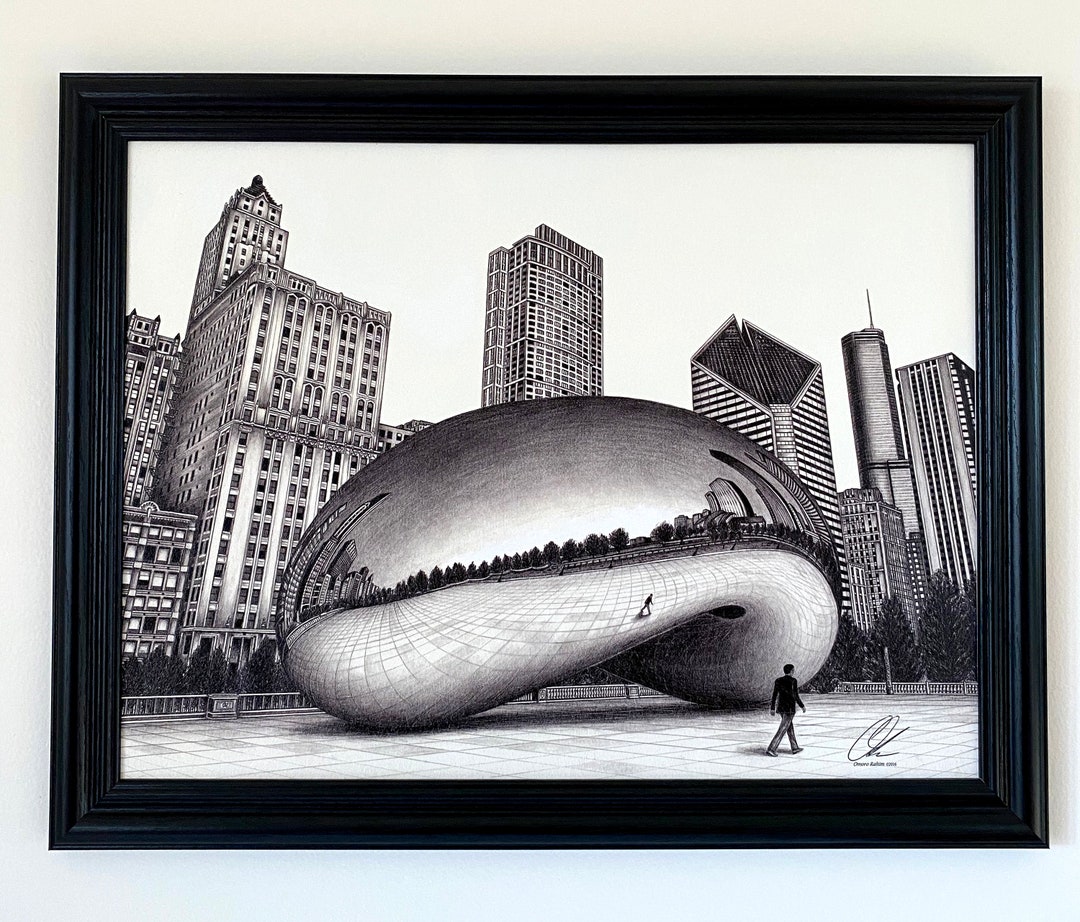 Framed Chicago Bean Drawing With Black Frame Total Size With Etsy