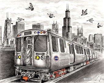 CTA Train drawing- direct from artist- 18 x 24 inch print/lithograph