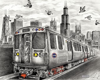 18 x 24 inch CTA (Chicago Transit Authority) Train reproduction pencil drawing- direct from artist