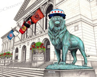 May include: A black and white pencil drawing of the Art Institute of Chicago with a lion statue in front. The lion is wearing a Chicago Cubs baseball cap. The building has flags hanging from it, including the Chicago Cubs, Chicago White Sox, Chicago Bulls, and Chicago Blackhawks.