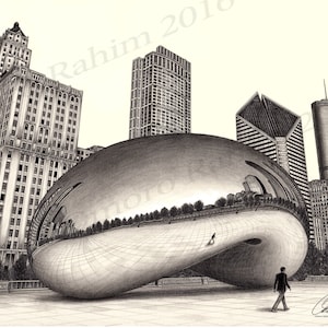 May include: A black and white pencil drawing of the Cloud Gate sculpture in Chicago, also known as "The Bean". The sculpture is a large, bean-shaped structure made of polished stainless steel. The drawing shows the sculpture in front of a group of tall buildings.