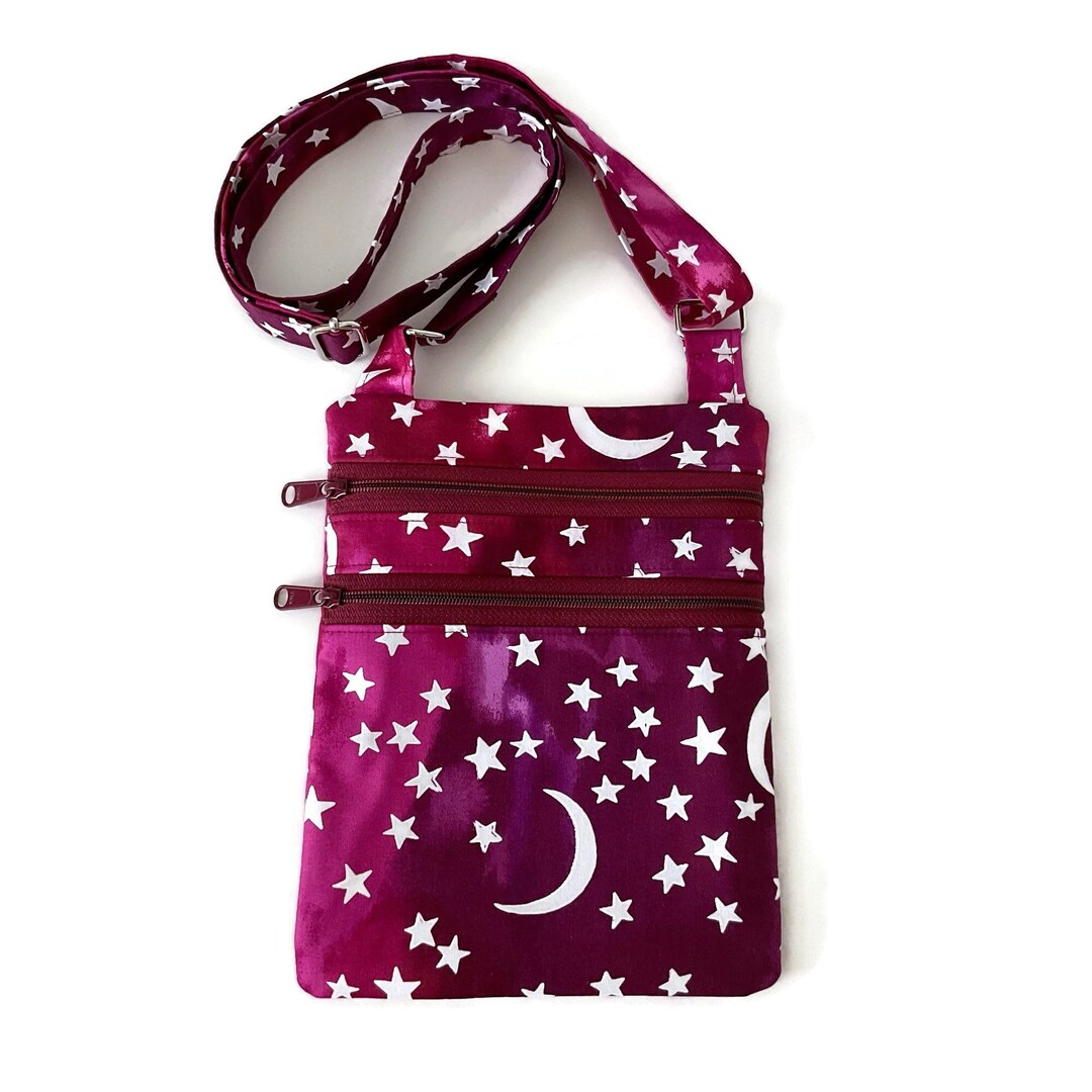 Crossbody Purse Stars and Moons Red Burgundy Maroon Purple Small Zipper