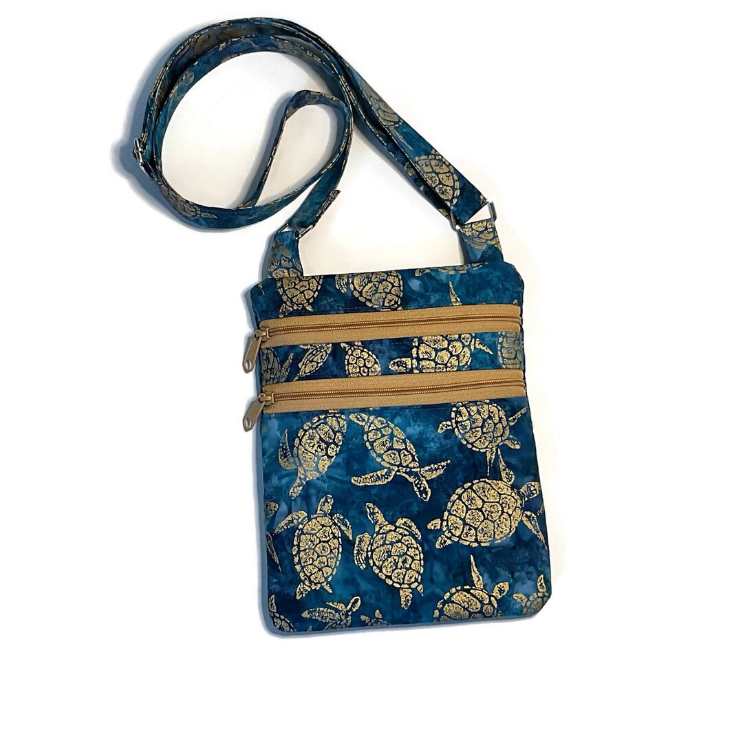 Sea Turtle Crossbody Purse Small Blue and Gold Batik Fabric Purse