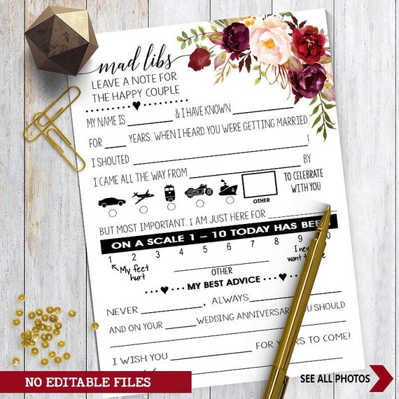 Mad Libs Game Card Wedding Reception Game Bridal Shower Game Etsy
