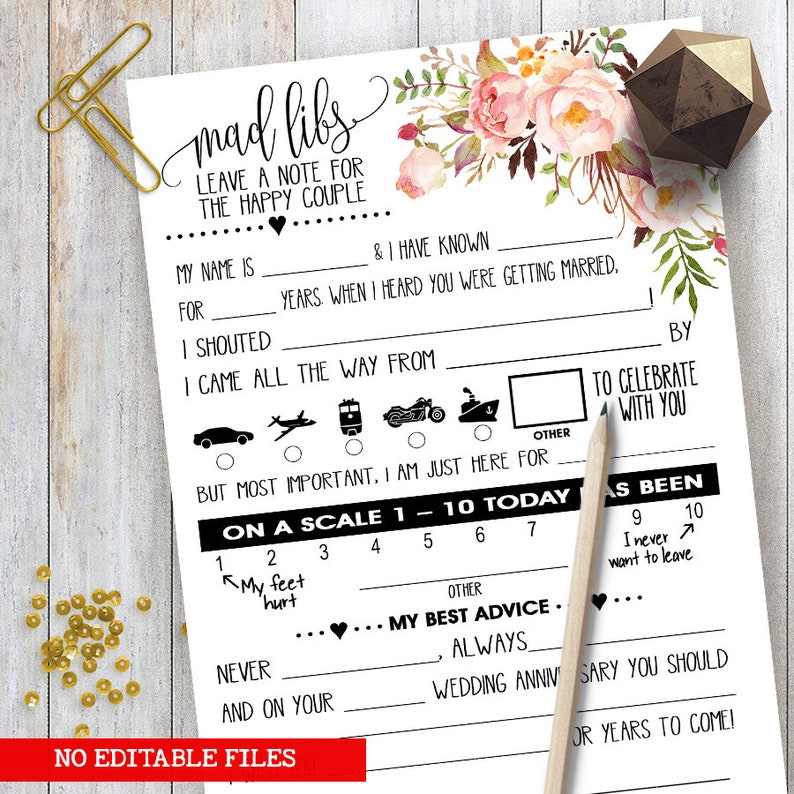 Mad Libs Game Card Wedding Reception Game Bridal Shower Game Etsy