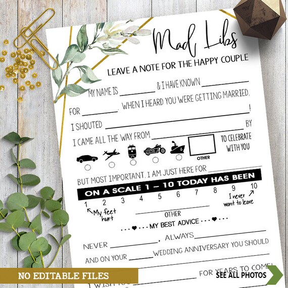 Mad Libs Game Card Wedding Reception Game Greenery Geometric Etsy