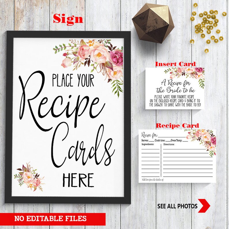 Recipe Card Bridal Shower printable Recipe Card kit Sign Insert card /& recipe card Wedding shower party rustic Instant download 37 G101