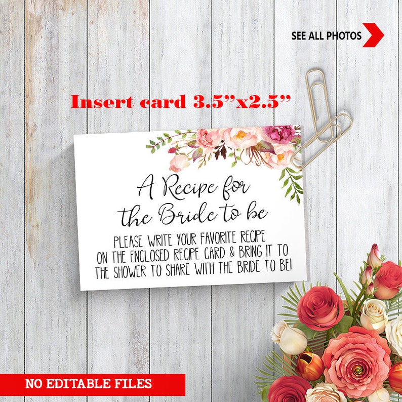 Recipe Card Bridal Shower printable Recipe Card kit Sign Insert card /& recipe card Wedding shower party rustic Instant download 37 G101