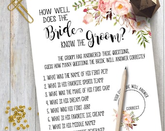 How Well Does the Bride Know the Groom game Bridal Shower game printable Wedding shower party game rustic game Instant download 11 G101